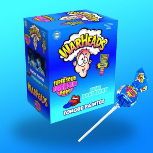 Warheads kék málna ízű nyalóka rágóval csomagban 100 db
