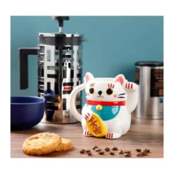 Maneki Neko szerencsehozó macska bögre (Fehér)